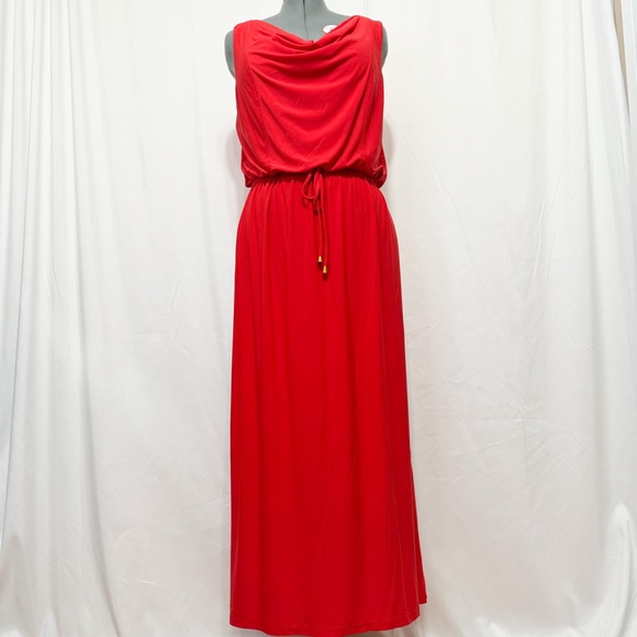 Soho Apparel Ltd Sz L  Coral Red Cowl Neckline Elasticized Waist Maxi Dress - Picture 7 of 9